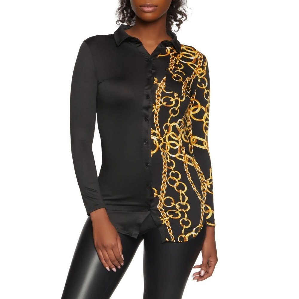NWT JULIA by LOVE J Two Tone Chain Print Button Front Shirt Color Black Size 3XL